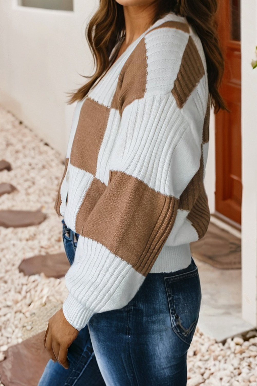 Checkered Ribbed Sweater Cardigan