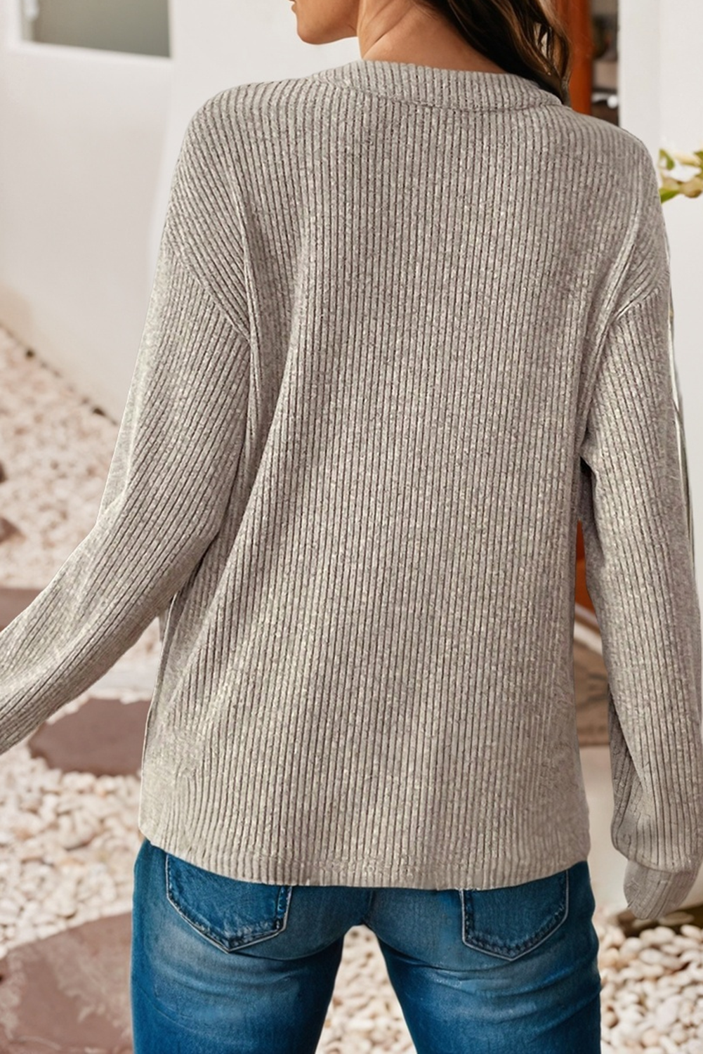 Ribbed Drop Shoulder Henley Knit Top