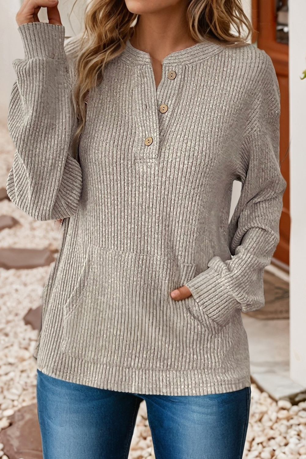 Ribbed Drop Shoulder Henley Knit Top