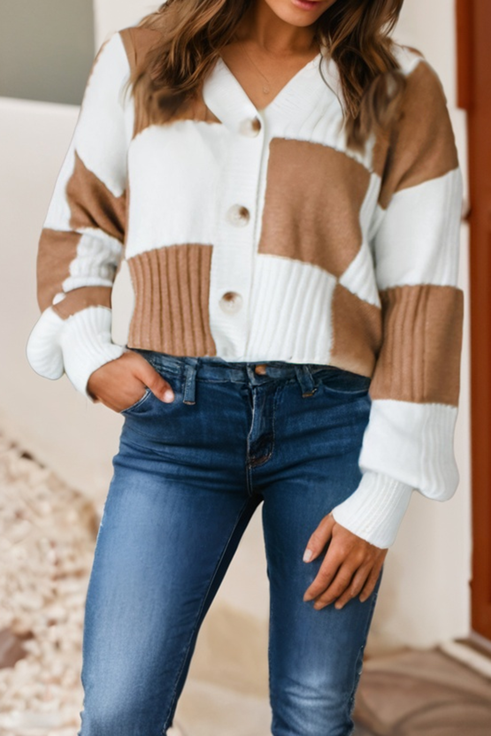 Checkered Ribbed Sweater Cardigan