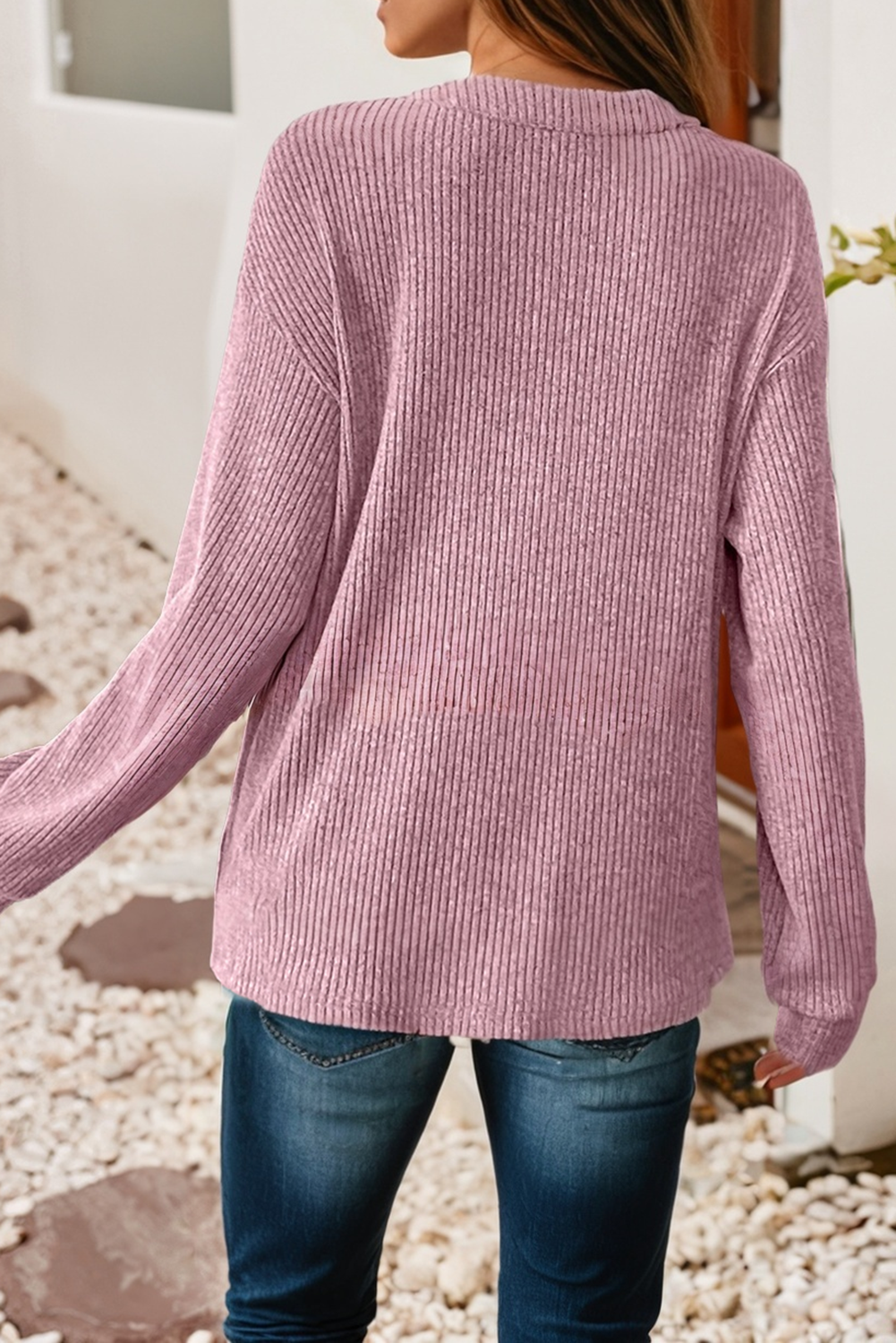 Ribbed Drop Shoulder Henley Knit Top