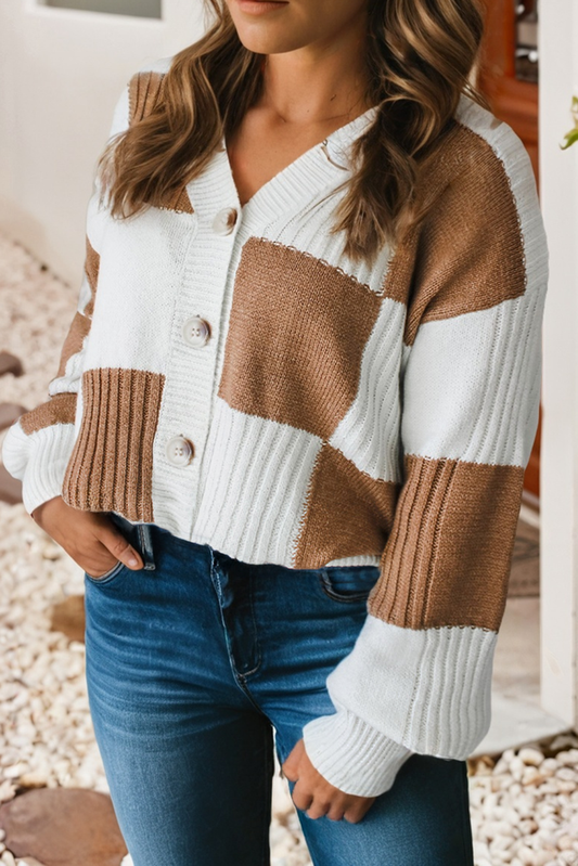 Checkered Ribbed Sweater Cardigan